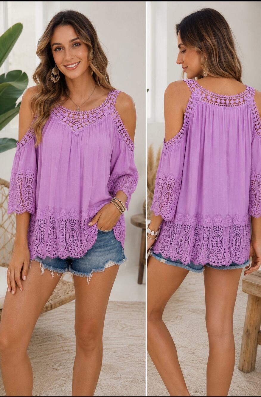 NWT Oliver by Escio Boho Lace Crochet Cold Shoulder Top Sz Medium Pink